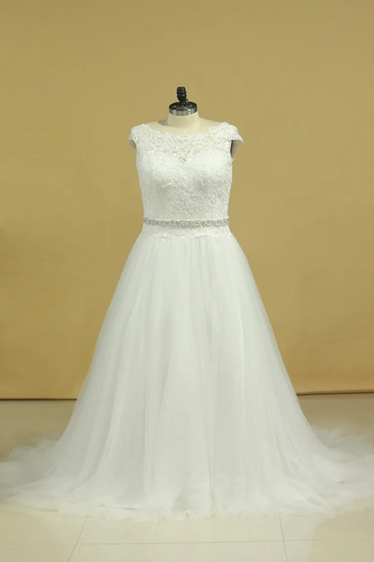 2024 Plus Size  Wedding Dresses A-Line Bateau Court Train V-Back Tulle