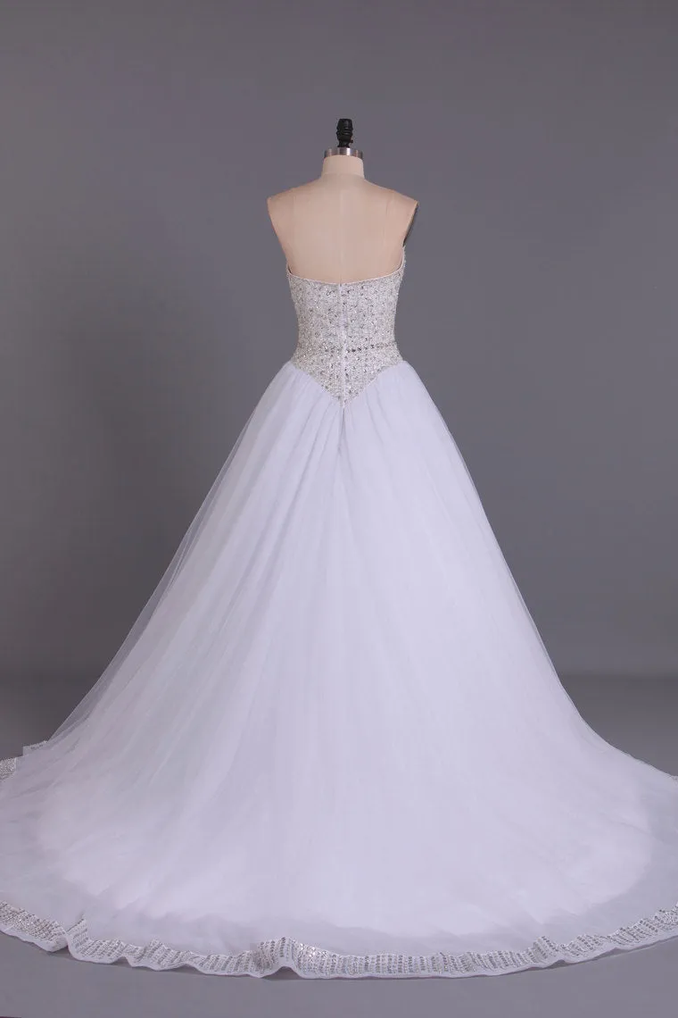 2024 Sweetheart Bridal Dresses A-Line Tulle White Zipper Back Court Train