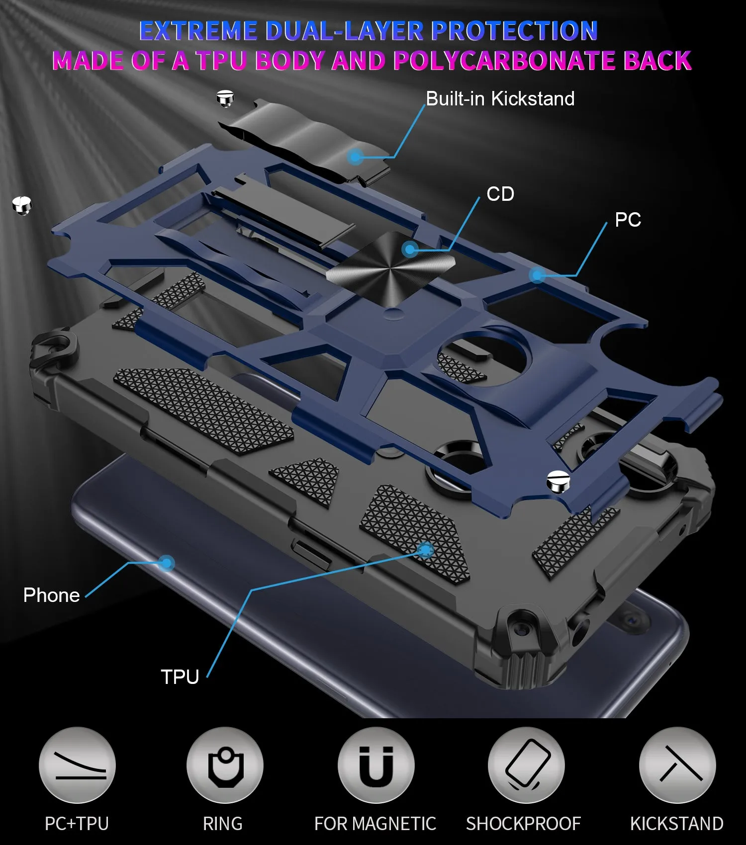 Alcatel Lumos Case/AT&T Alcatel Axel Case [Military Grade] Ring Car Mount Kickstand Hybrid Hard PC Soft TPU Shockproof Protective Case - Blue