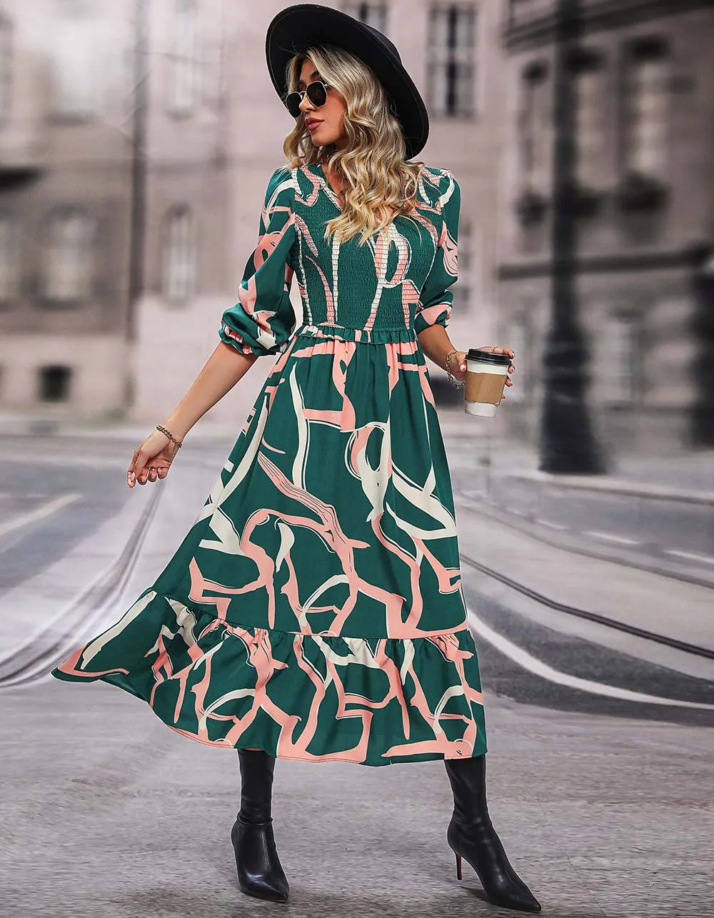 All Over Printed V Neck Ruffle Midi A Line Dresses