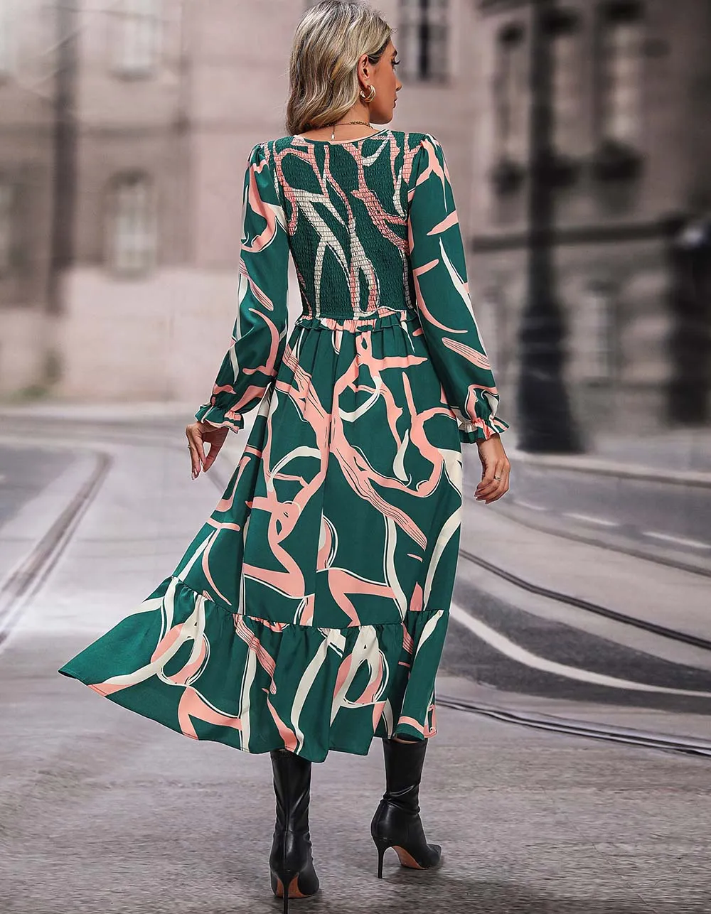 All Over Printed V Neck Ruffle Midi A Line Dresses