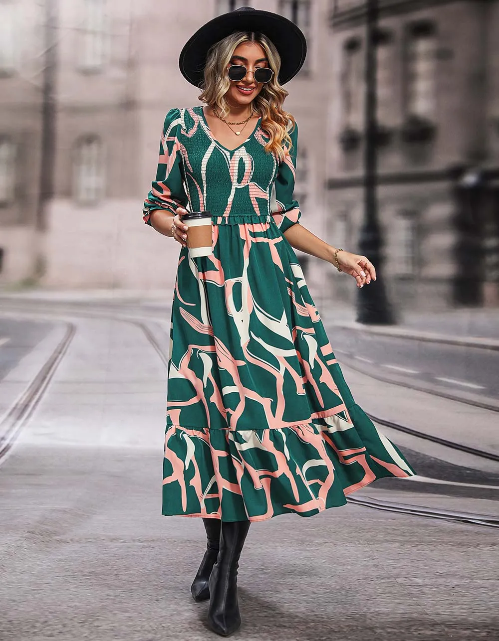 All Over Printed V Neck Ruffle Midi A Line Dresses