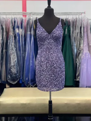Amarra 87452 Size 16 Lilac Short Fitted Sequin Homecoming Dress Formal V Neck Cocktail Dress