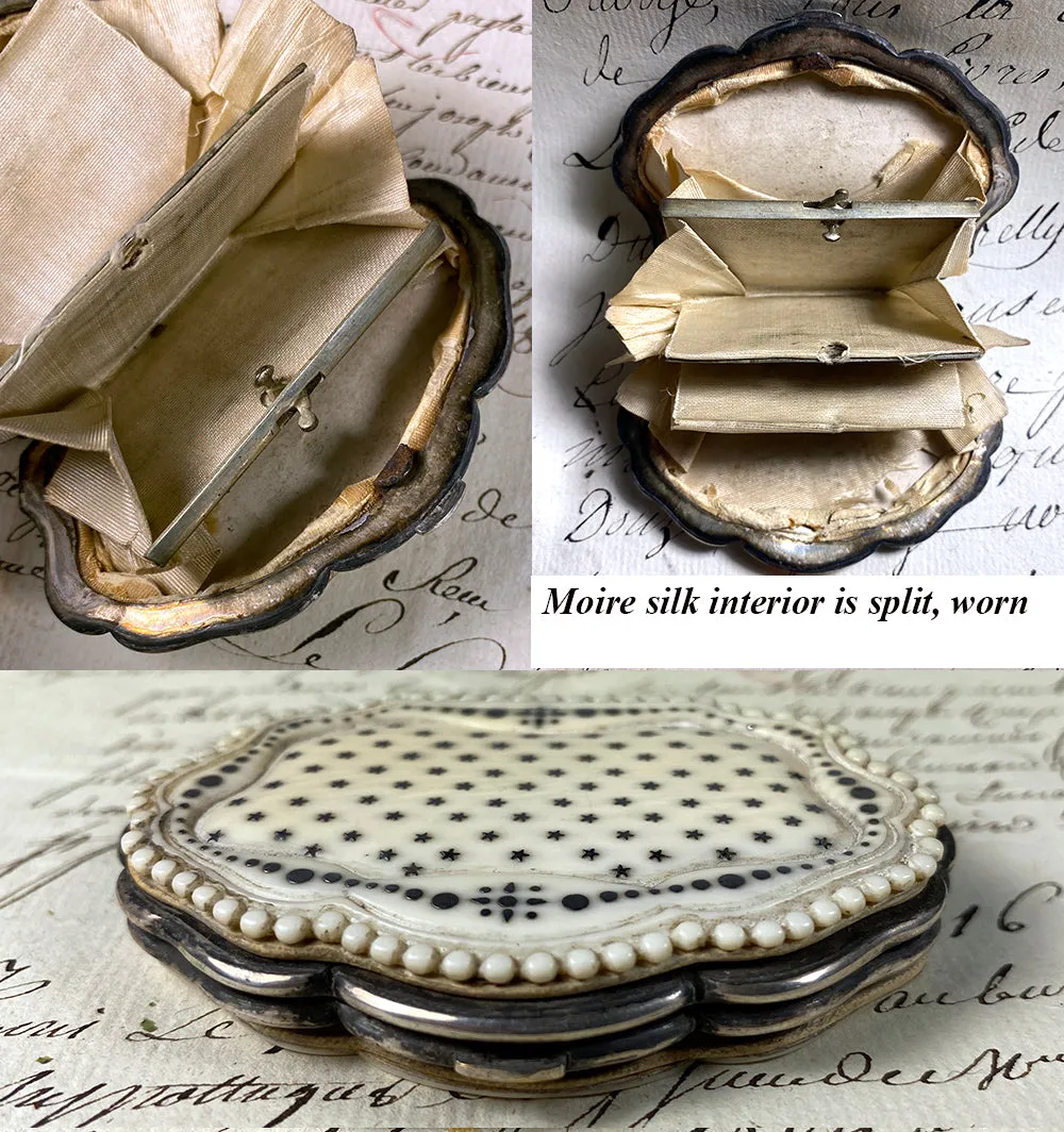 Antique French Dieppe Carved Ivory Coin Purse, Sterling Silver Pique Stars, Circles c. 1850-90
