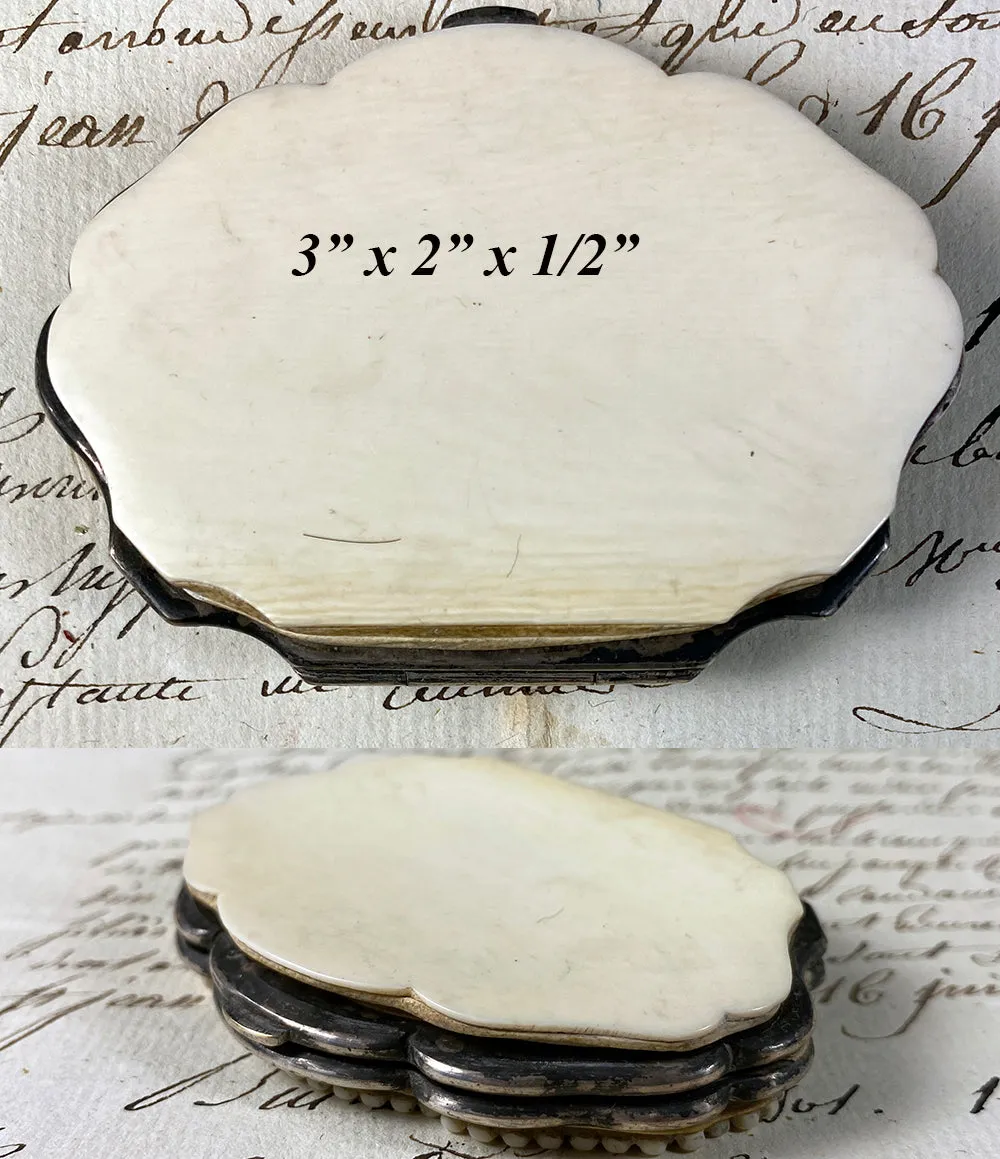 Antique French Dieppe Carved Ivory Coin Purse, Sterling Silver Pique Stars, Circles c. 1850-90