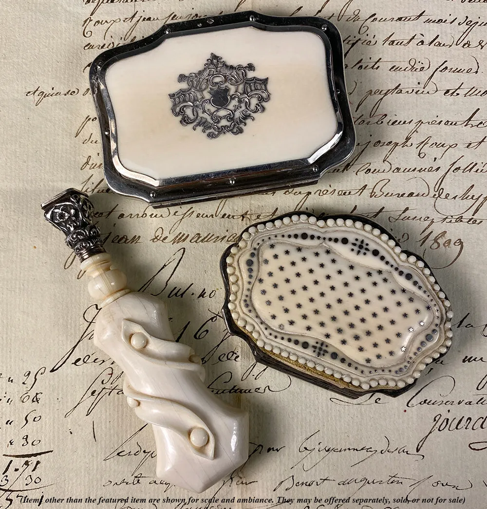 Antique French Dieppe Carved Ivory Coin Purse, Sterling Silver Pique Stars, Circles c. 1850-90