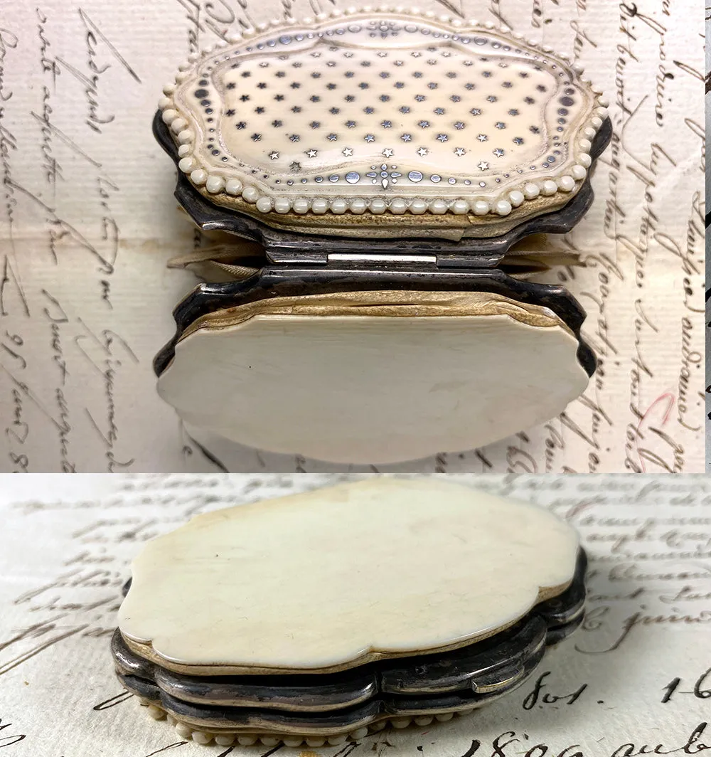 Antique French Dieppe Carved Ivory Coin Purse, Sterling Silver Pique Stars, Circles c. 1850-90