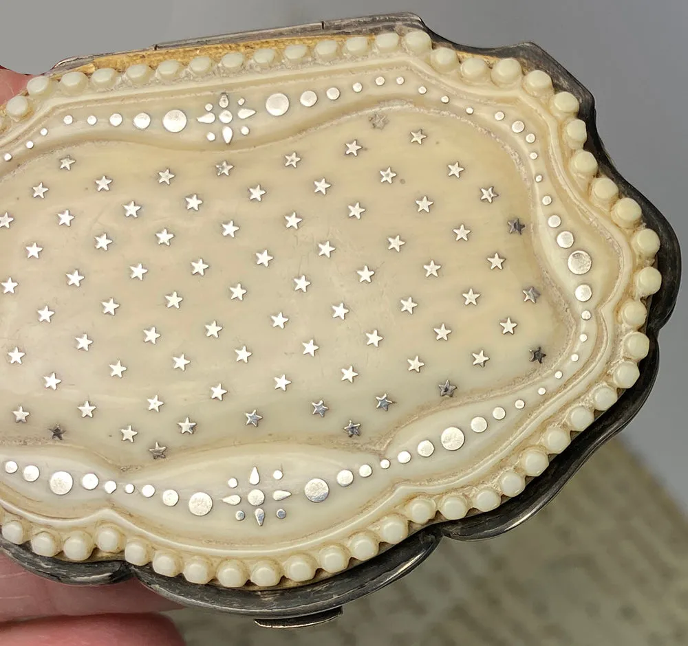 Antique French Dieppe Carved Ivory Coin Purse, Sterling Silver Pique Stars, Circles c. 1850-90