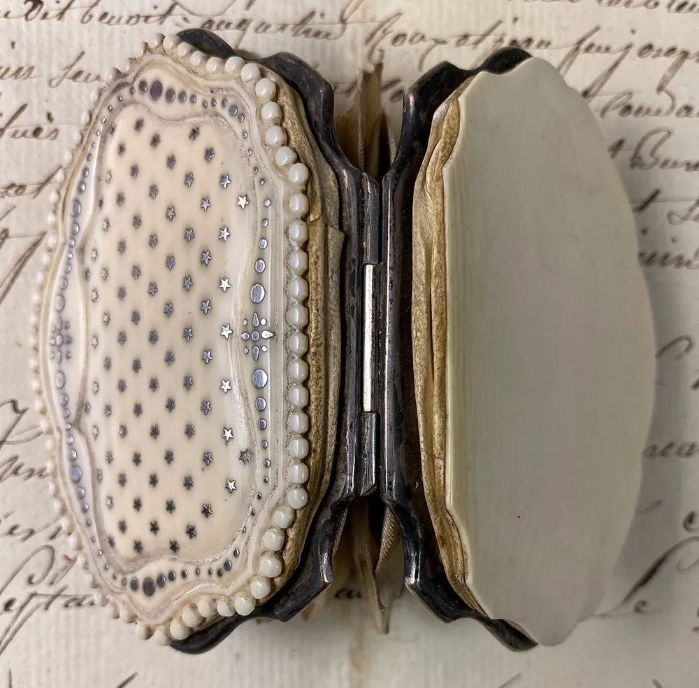 Antique French Dieppe Carved Ivory Coin Purse, Sterling Silver Pique Stars, Circles c. 1850-90