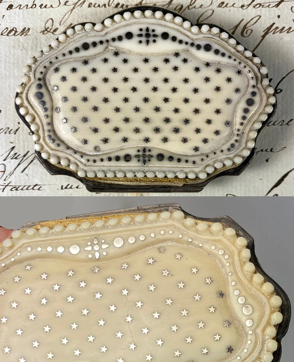 Antique French Dieppe Carved Ivory Coin Purse, Sterling Silver Pique Stars, Circles c. 1850-90