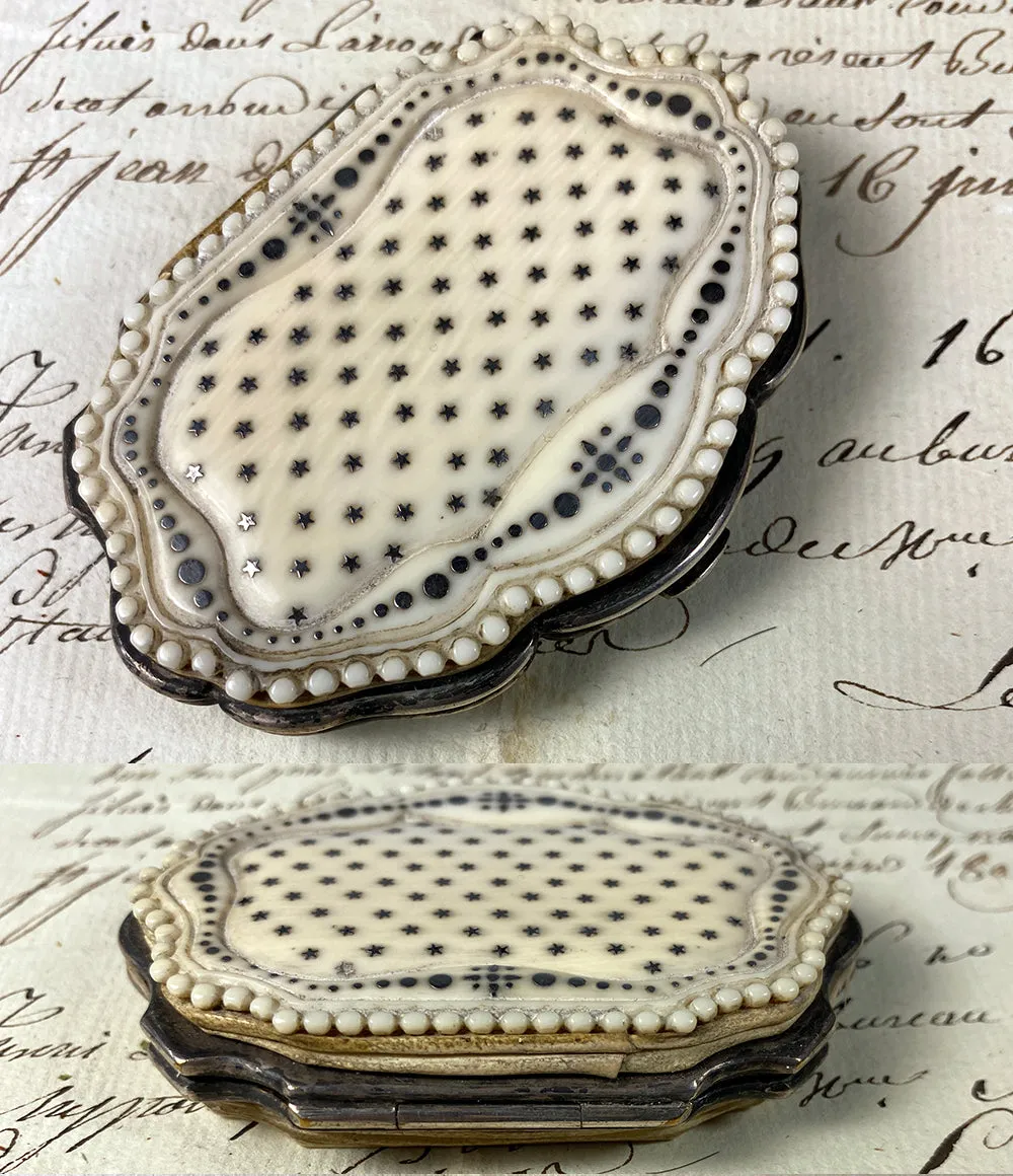 Antique French Dieppe Carved Ivory Coin Purse, Sterling Silver Pique Stars, Circles c. 1850-90