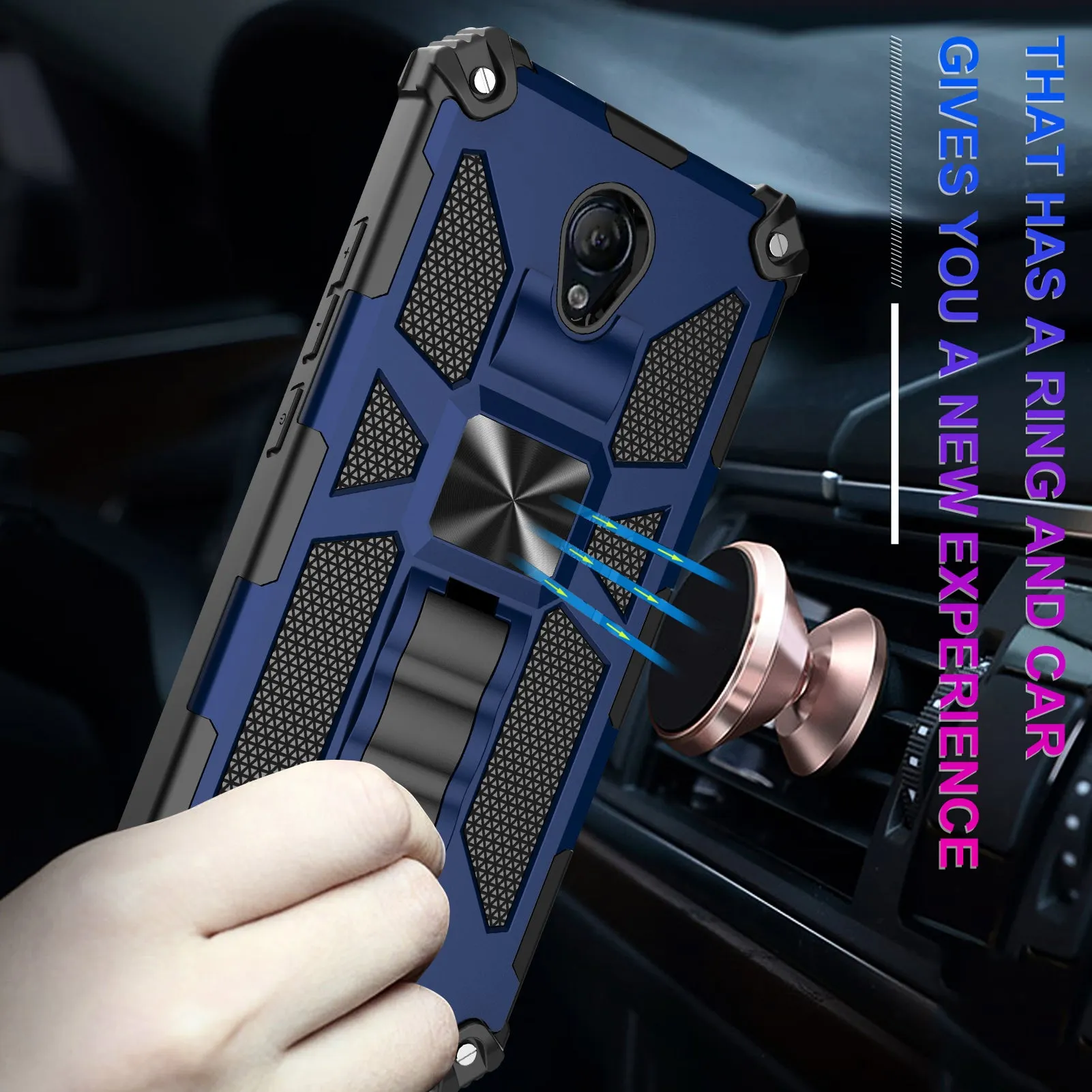 AT&T Fusion Z / Motivate Case [Military Grade] Ring Car Mount Kickstand Hybrid Hard PC Soft TPU Shockproof Protective Case - Blue