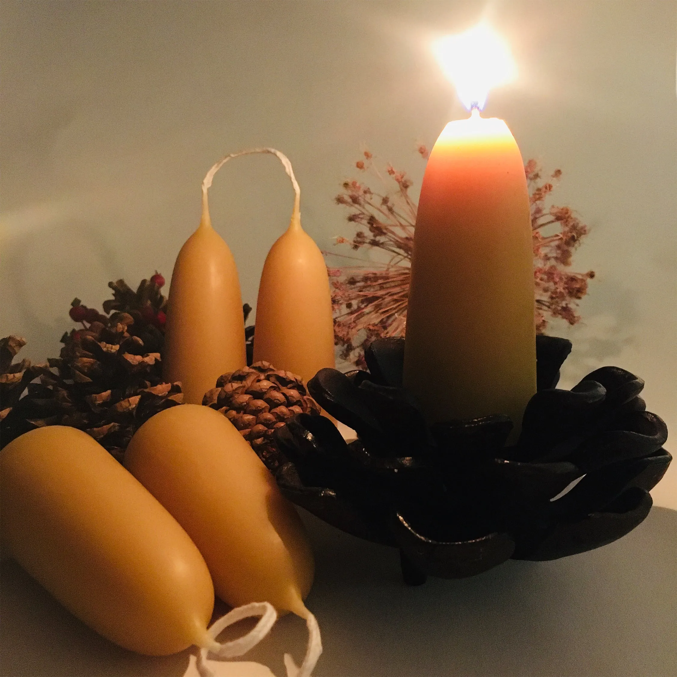 beeswax pair of small stumpy candles dipped