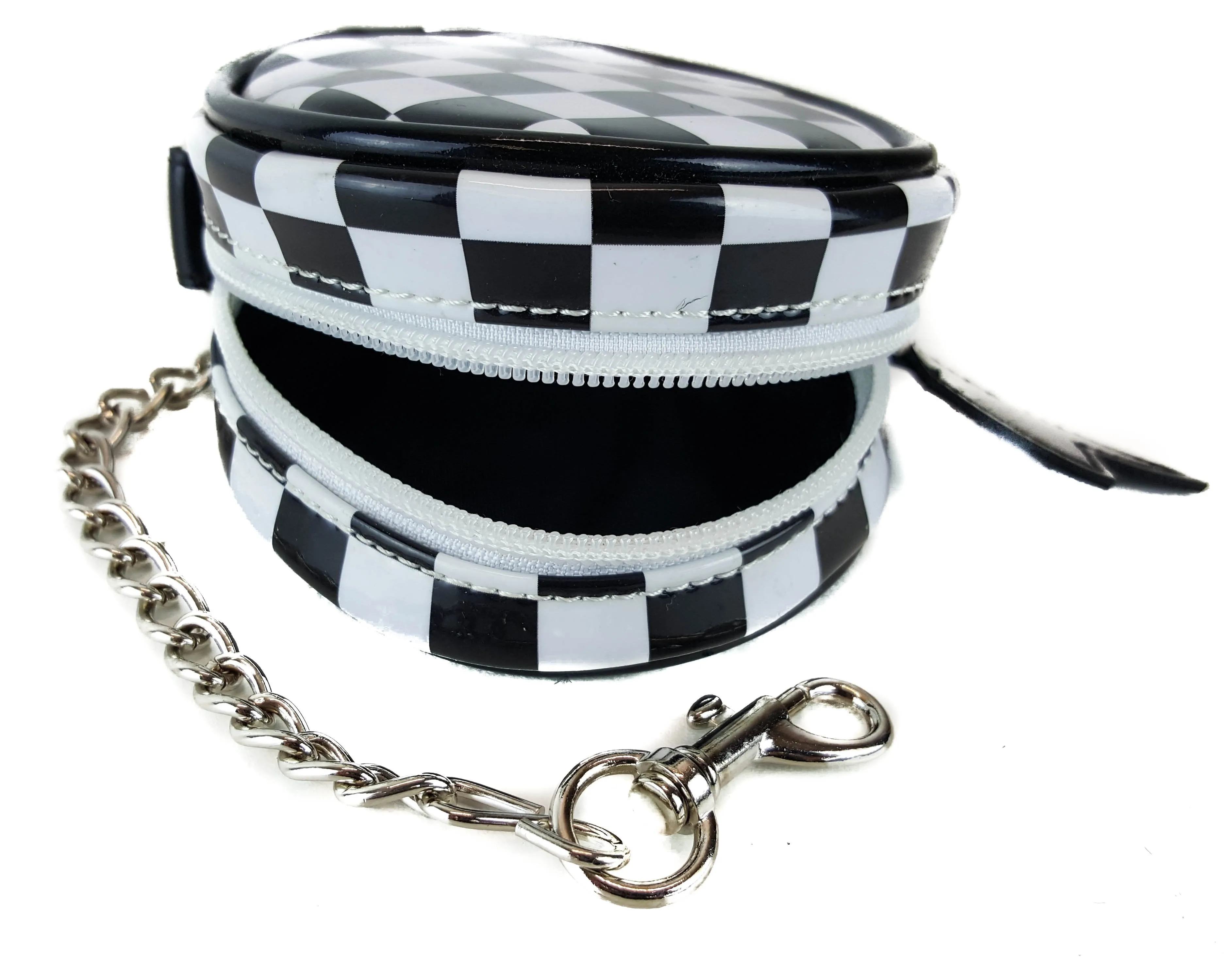 Black And White Or Pink Checkered Round Purse With Black Trimming