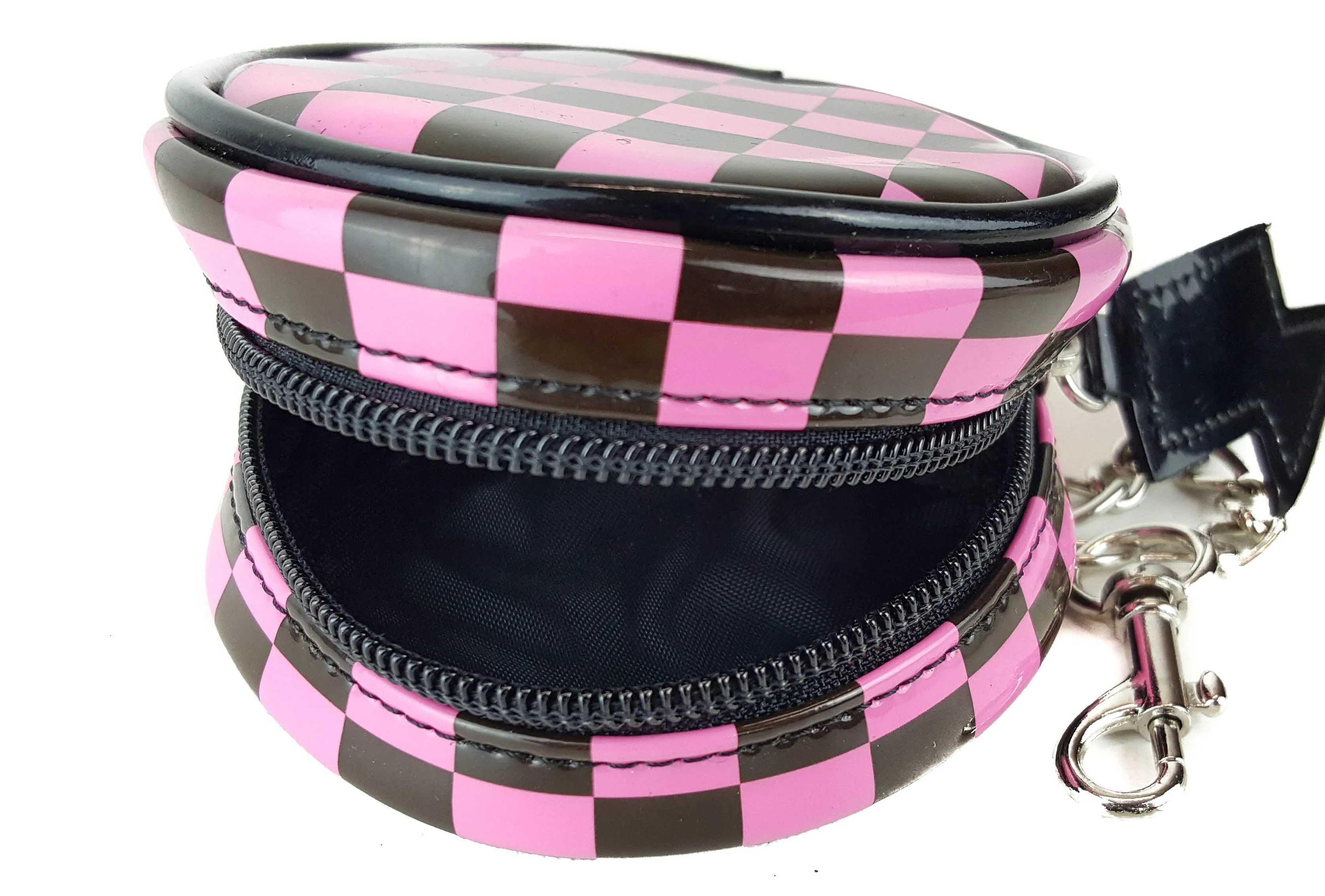 Black And White Or Pink Checkered Round Purse With Black Trimming
