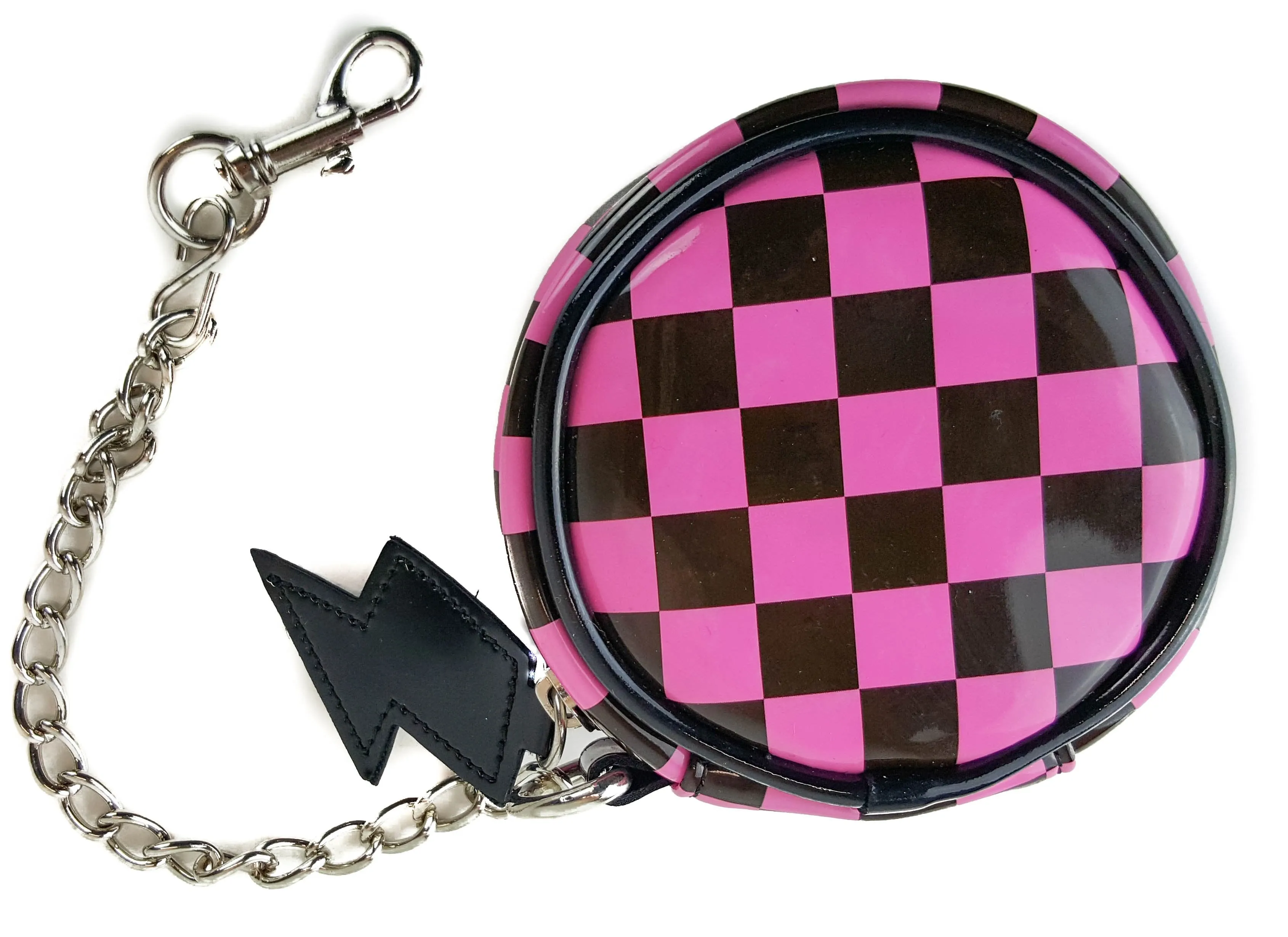 Black And White Or Pink Checkered Round Purse With Black Trimming