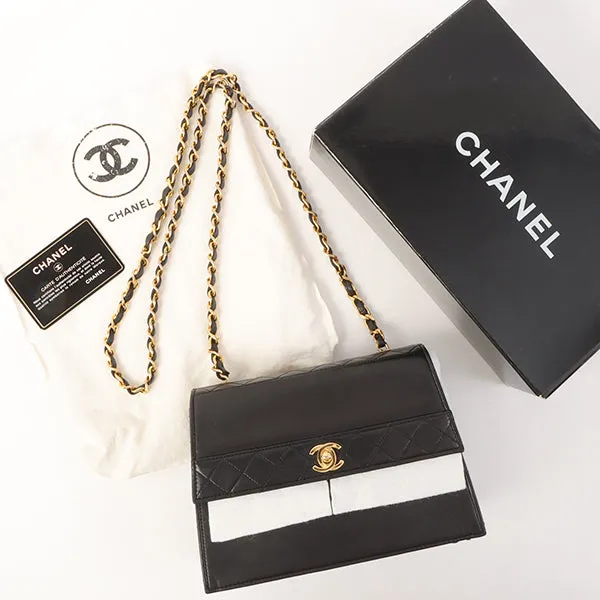 Chanel Around 1992 Made Design Flap Turn-Lock Chain Bag Black