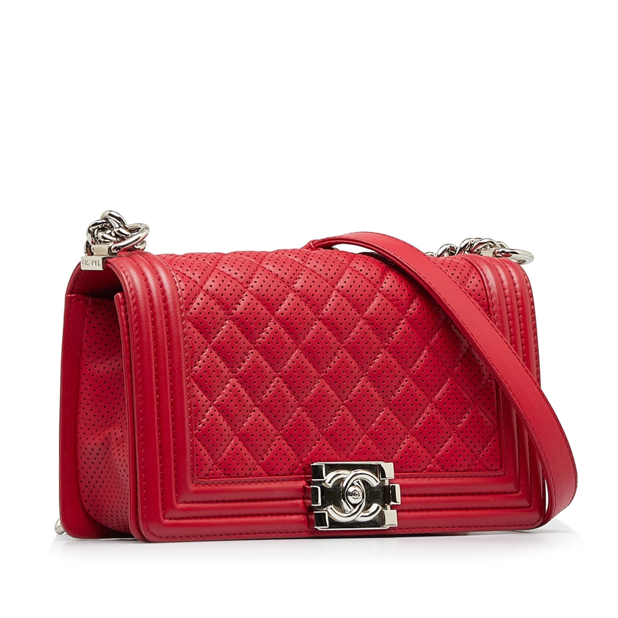 Chanel Boy Flap Bag Medium Red Perforated Lambskin Silver