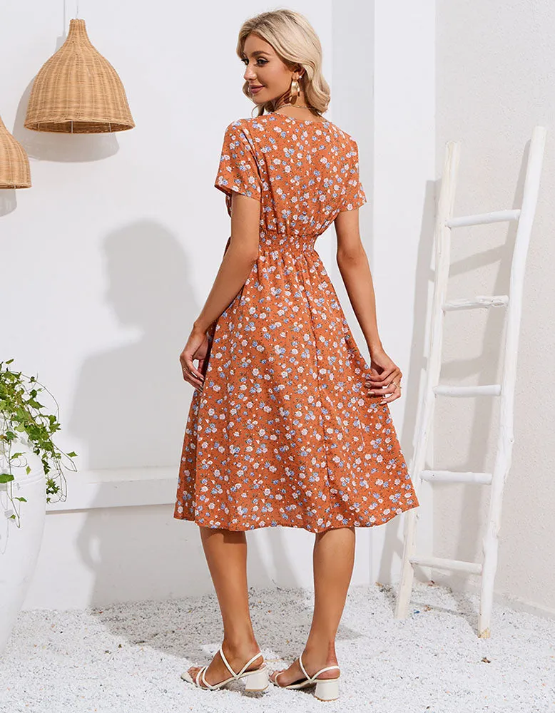 Deep V Bohemian Floral Printed Short Sleeve Long A-Line Dresses
