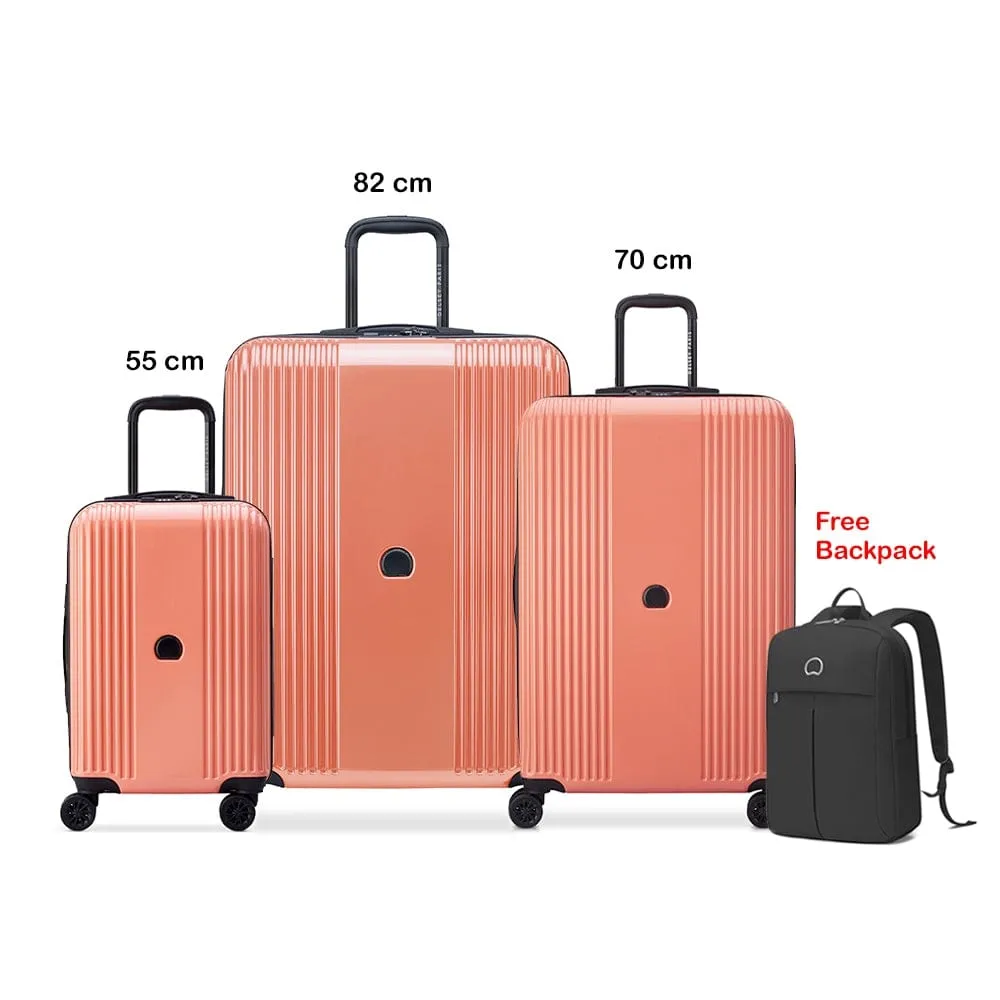 Delsey Ophelie 55 70 82cm Hardcase 4 Double Wheel Expandable Cabin & Check-In Luggage Trolley Set Glossy Pink   FREE Delsey Agreable Backpack