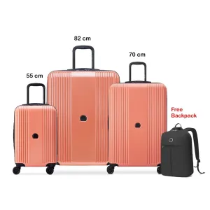Delsey Ophelie 55 70 82cm Hardcase 4 Double Wheel Expandable Cabin & Check-In Luggage Trolley Set Glossy Pink   FREE Delsey Agreable Backpack