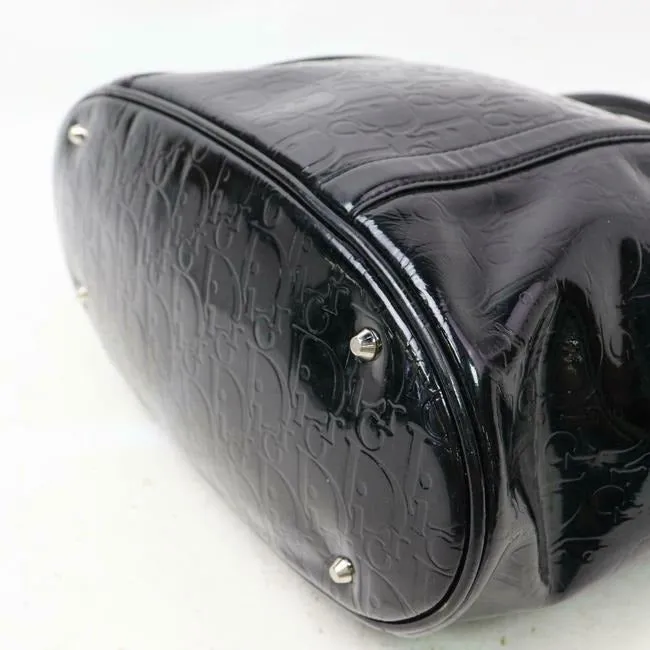 Dior Satchel Or Black Glossy Embossed Trotter Logo Print Enamel Leather Patent Tote