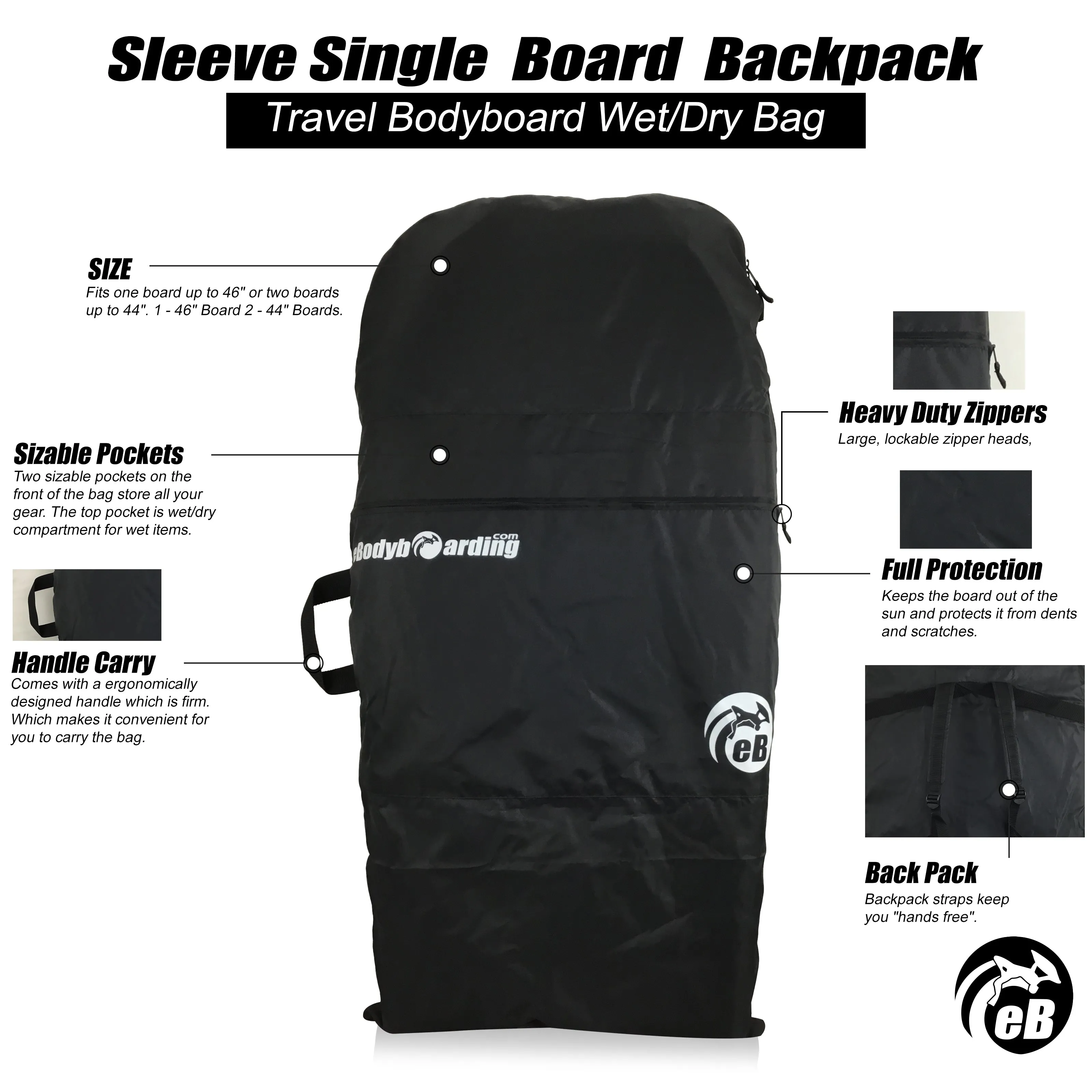 eBodyboarding Sleeve Double (L) Bodyboard Backpack Bag-Navy