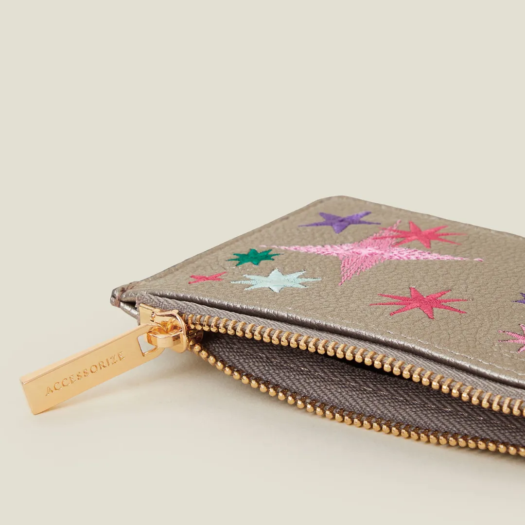Embroidered Star Card Holder Silver