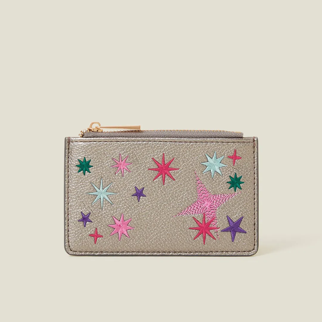 Embroidered Star Card Holder Silver