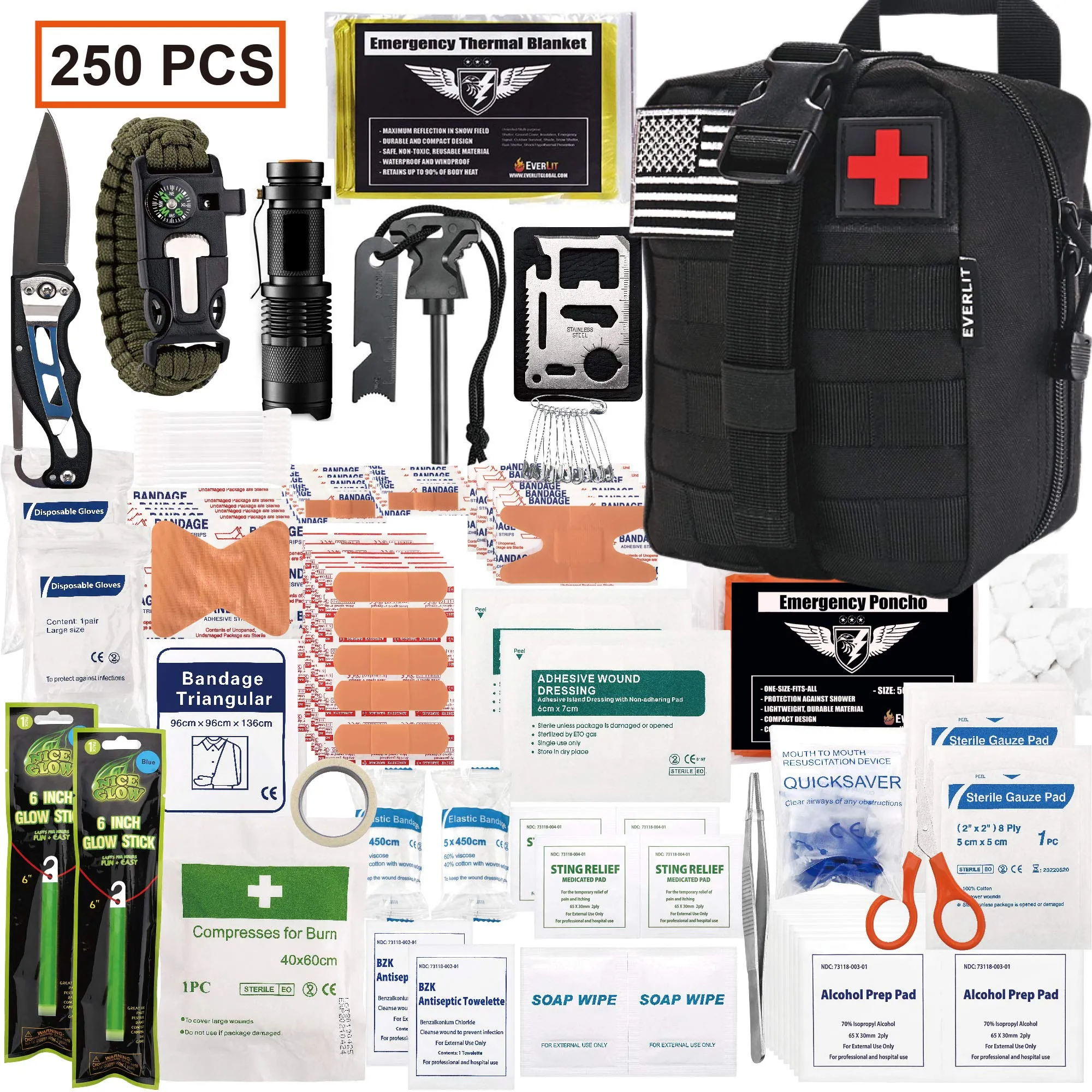 EVERLIT 250 Pieces Survival First Aid Kit IFAK Molle System Compatible Outdoor Gear Emergency Kits Trauma Bag for Camping Boat Hunting Hiking Home Car Earthquake and Adventures (Black)