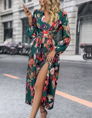 Floral Printed V Neck Long Sleeve Slits Long A-Line Dresses