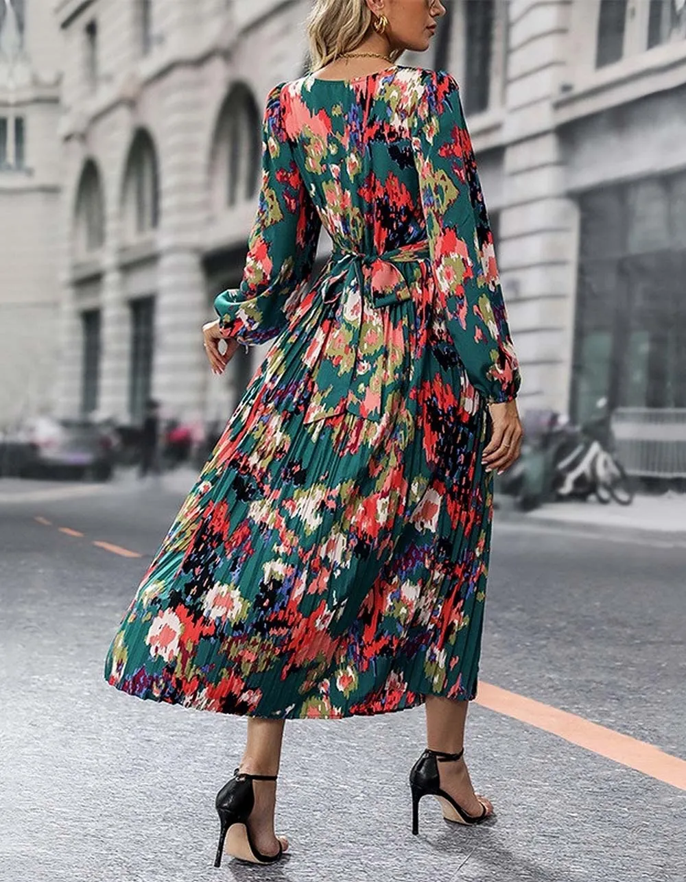 Floral Printed V Neck Long Sleeve Slits Long A-Line Dresses