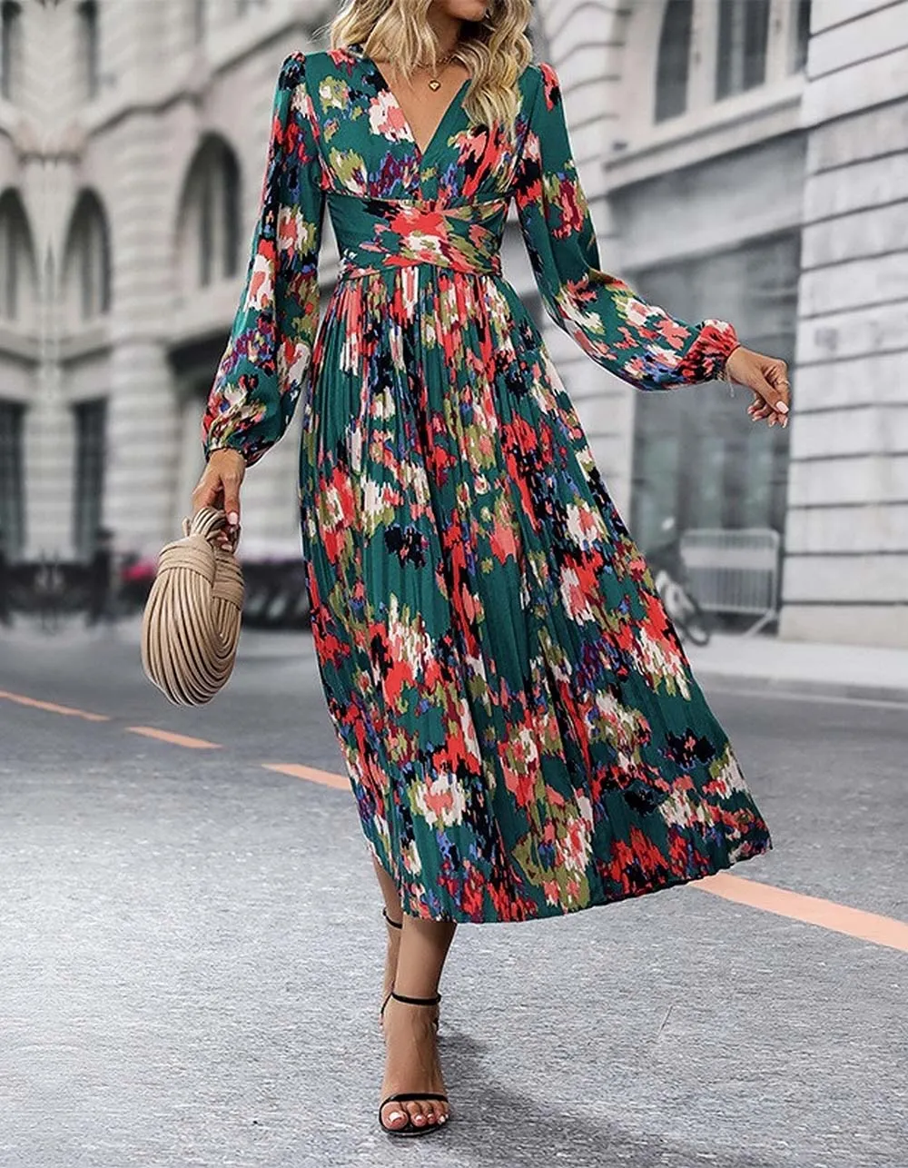 Floral Printed V Neck Long Sleeve Slits Long A-Line Dresses