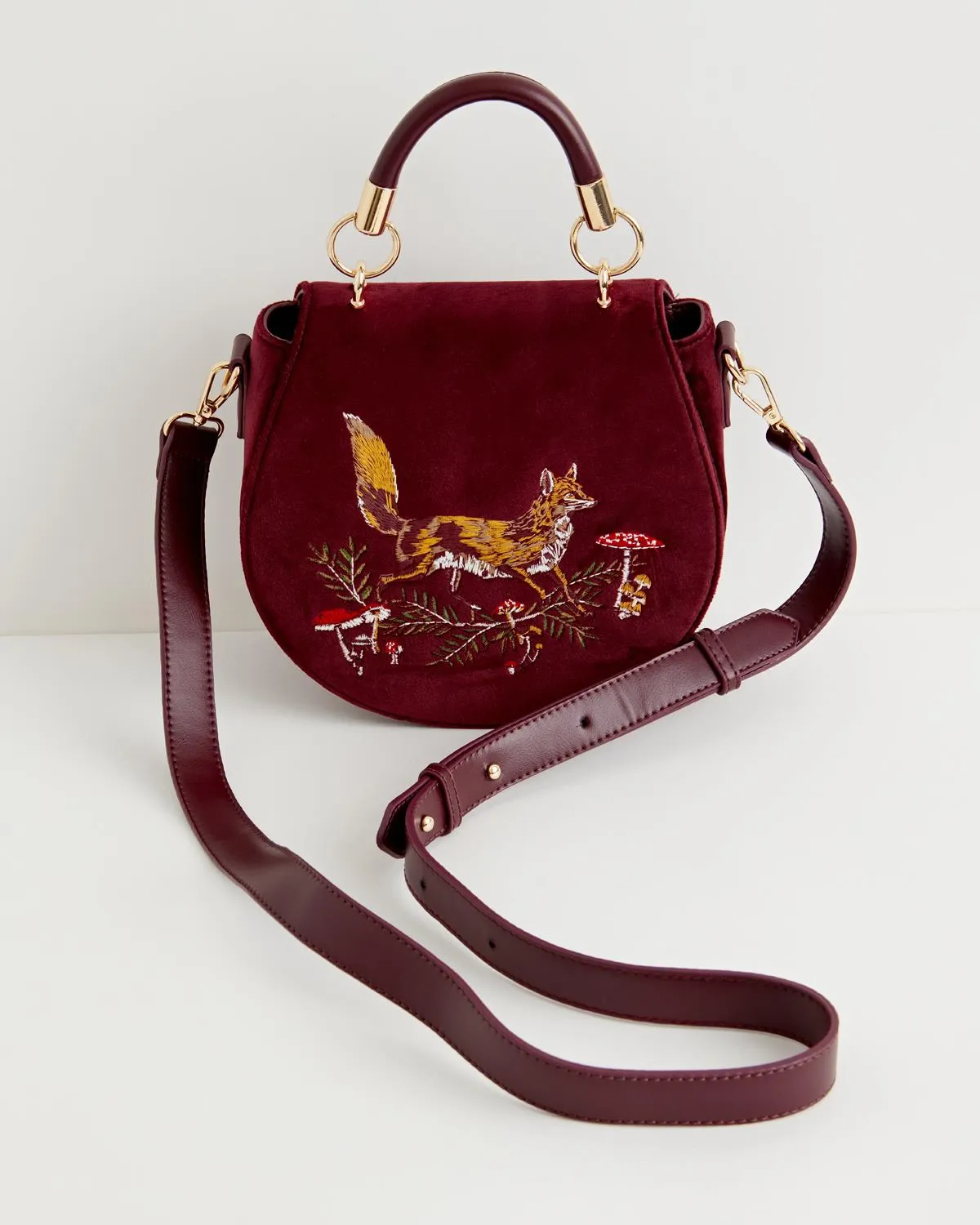 Fox & Mushroom Embroidered Saddle Bag - Redcurrant Velvet