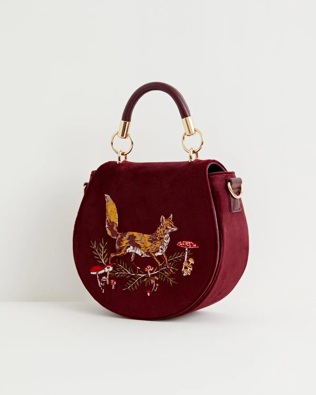 Fox & Mushroom Embroidered Saddle Bag - Redcurrant Velvet