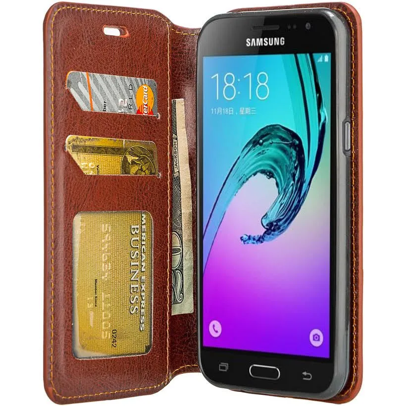 Galaxy Go Prime Case / Grand Prime Wallet Case, Wrist Strap Magnetic Flip Fold[Kickstand] Pu Leather Wallet Case with ID & Credit Card Slot - Brown