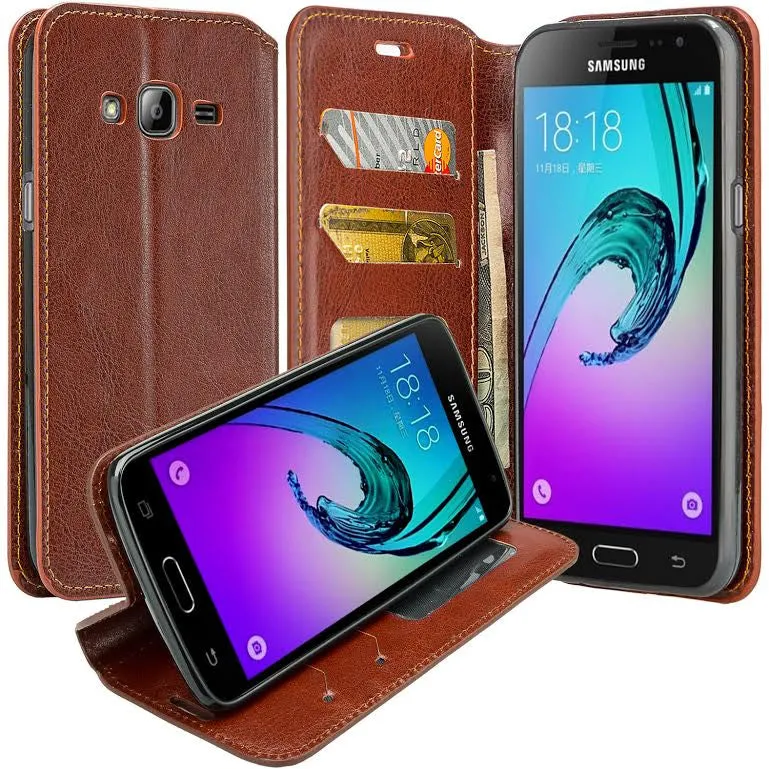 Galaxy Go Prime Case / Grand Prime Wallet Case, Wrist Strap Magnetic Flip Fold[Kickstand] Pu Leather Wallet Case with ID & Credit Card Slot - Brown
