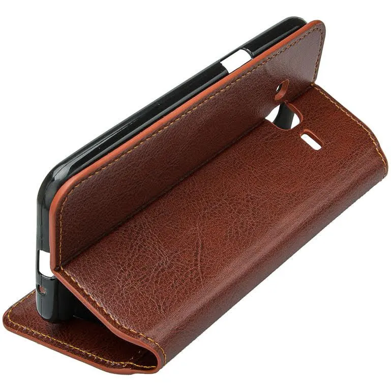 Galaxy Go Prime Case / Grand Prime Wallet Case, Wrist Strap Magnetic Flip Fold[Kickstand] Pu Leather Wallet Case with ID & Credit Card Slot - Brown