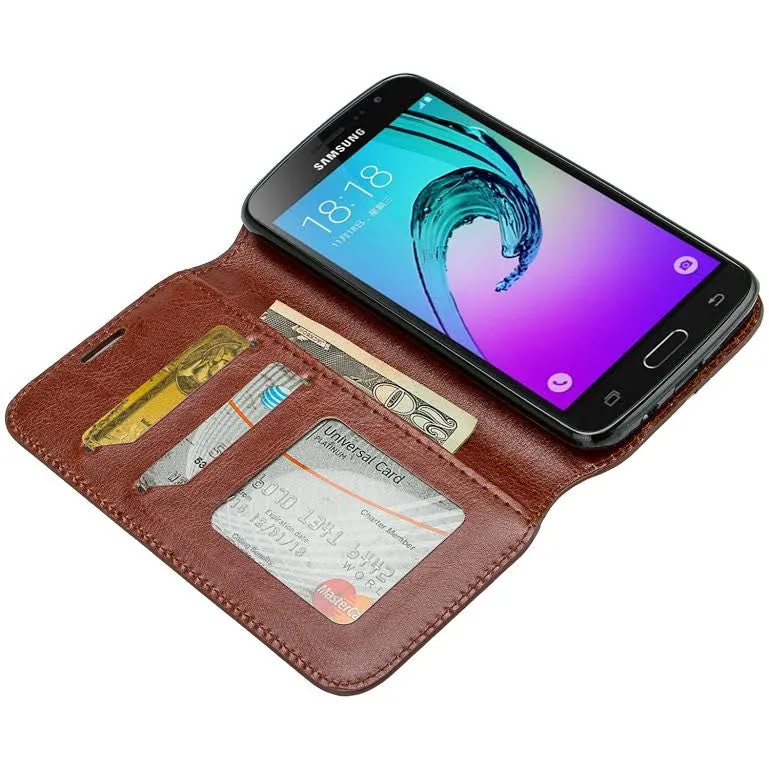 Galaxy Go Prime Case / Grand Prime Wallet Case, Wrist Strap Magnetic Flip Fold[Kickstand] Pu Leather Wallet Case with ID & Credit Card Slot - Brown