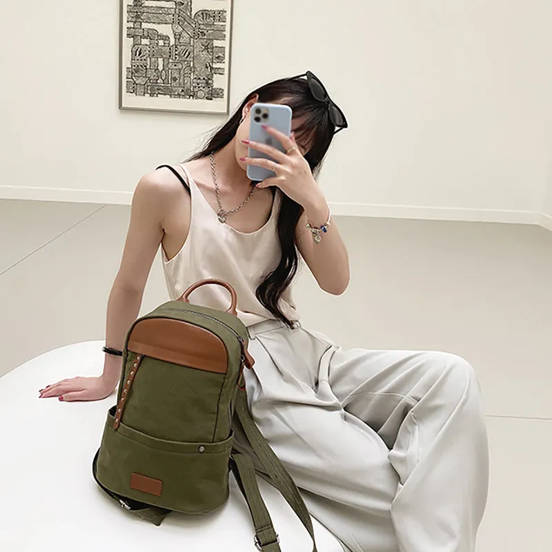 Green Canvas and Leather Rucksacks Bag Hiking Backpack Purse for Women