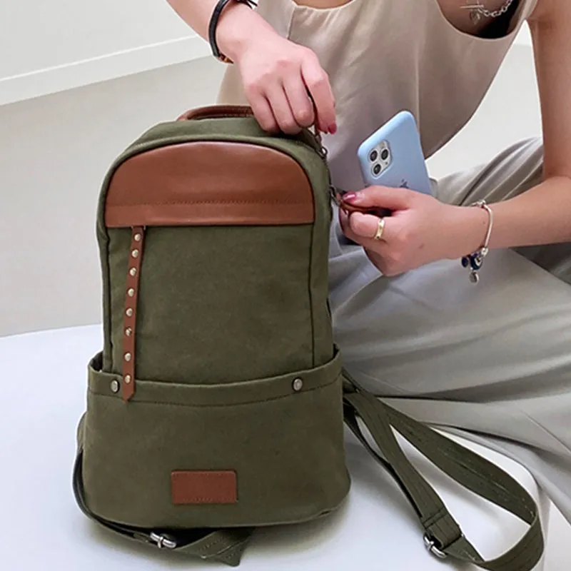 Green Canvas and Leather Rucksacks Bag Hiking Backpack Purse for Women
