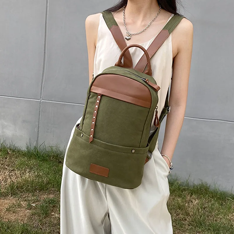 Green Canvas and Leather Rucksacks Bag Hiking Backpack Purse for Women