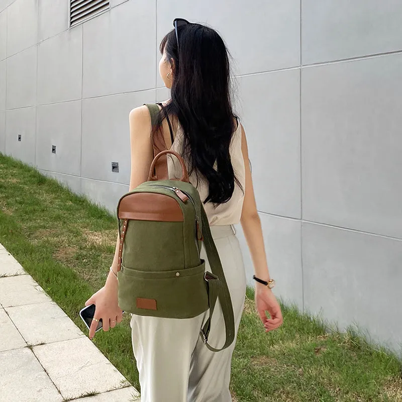 Green Canvas and Leather Rucksacks Bag Hiking Backpack Purse for Women
