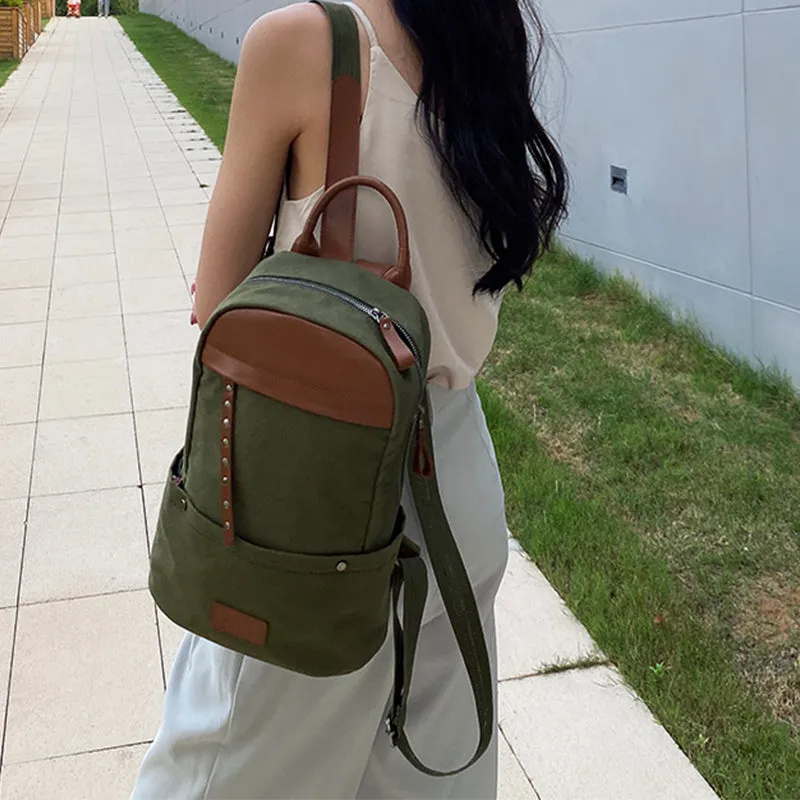 Green Canvas and Leather Rucksacks Bag Hiking Backpack Purse for Women