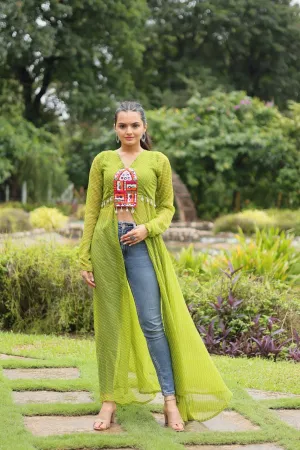 Green Faux Georgette Leheriya Print Kurti with Kutchi Patchwork