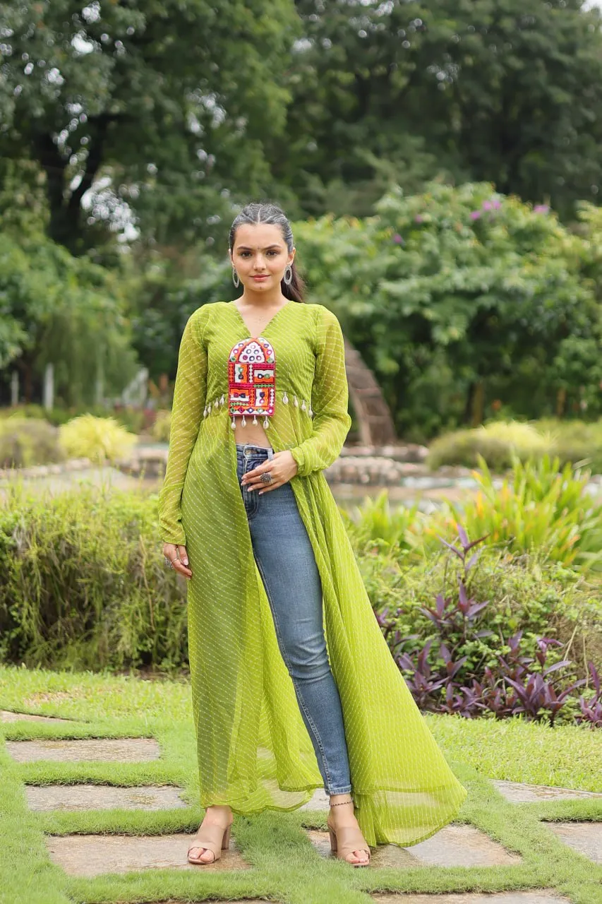 Green Faux Georgette Leheriya Print Kurti with Kutchi Patchwork