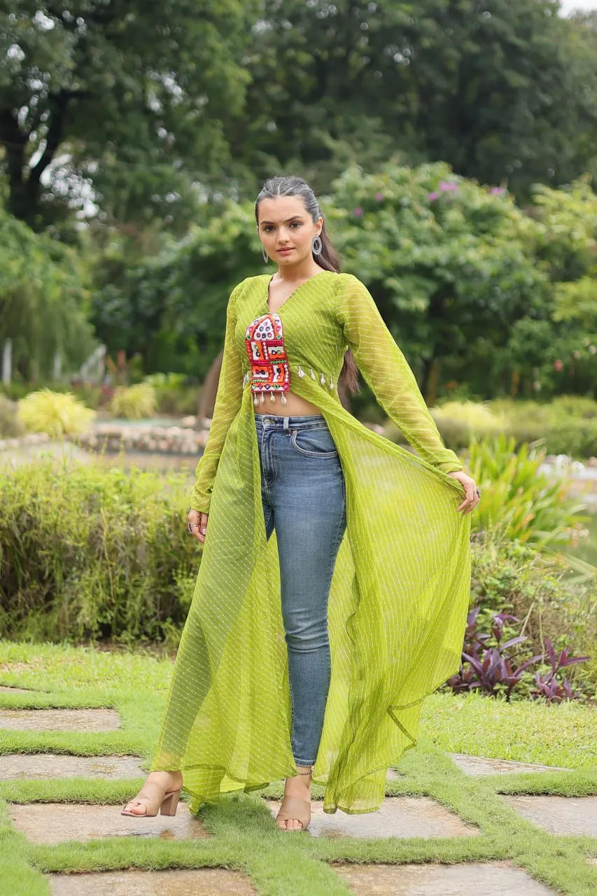 Green Faux Georgette Leheriya Print Kurti with Kutchi Patchwork