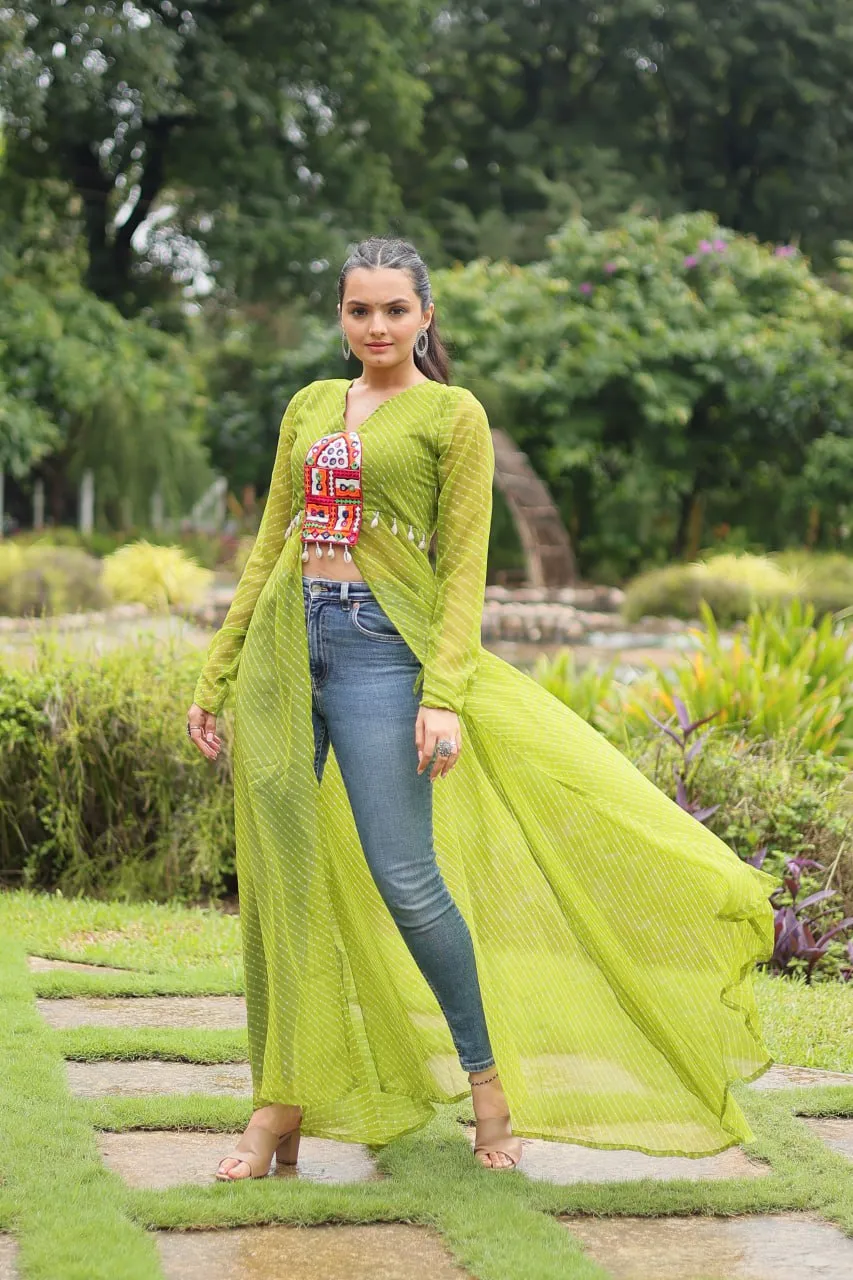 Green Faux Georgette Leheriya Print Kurti with Kutchi Patchwork