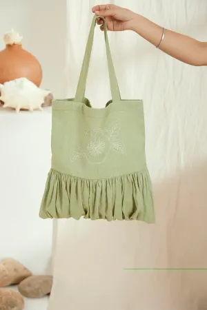 Green hand embroidered pleated tote bag