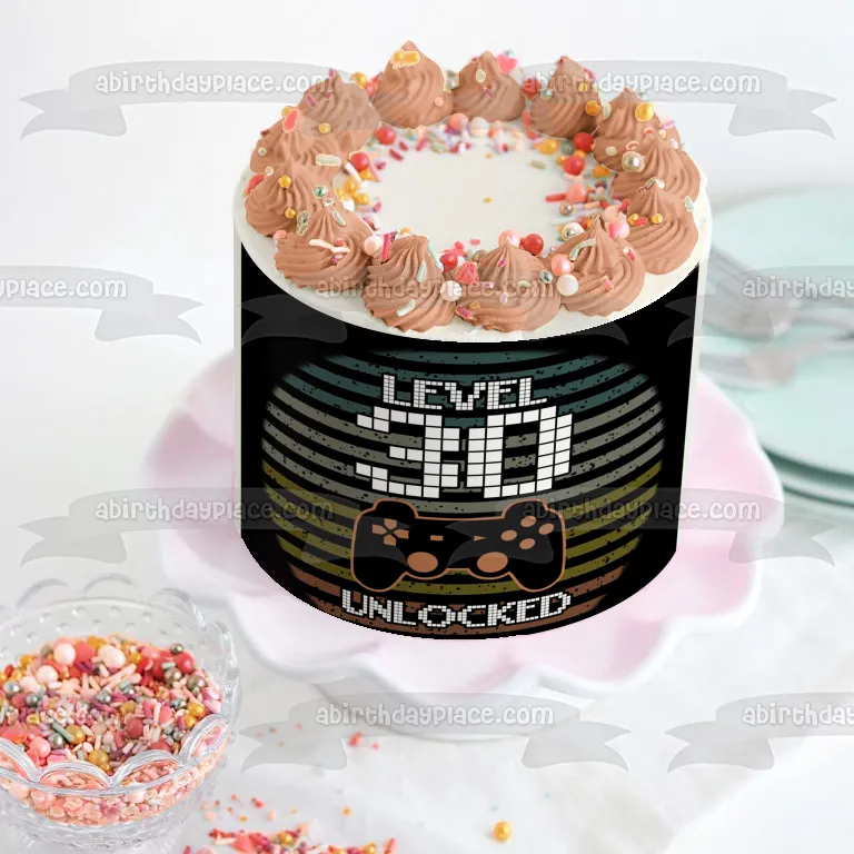Happy Birthday Level 30 Unlocked (Customize Age) Video Game Console Game Controller Edible Cake Topper Image ABPID50514